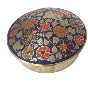 Vintage Floral Cloisonné Enamel Brass Round Lidded Trinket Box Canister Decor
